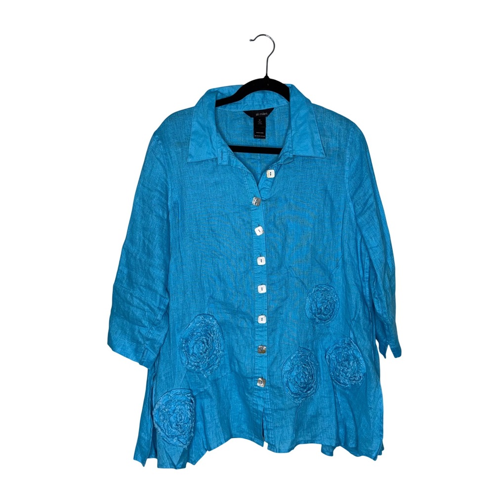 Ali Miles Linen Button Up Blouse Women Medium Turquoise Excellent Floral Rosette
